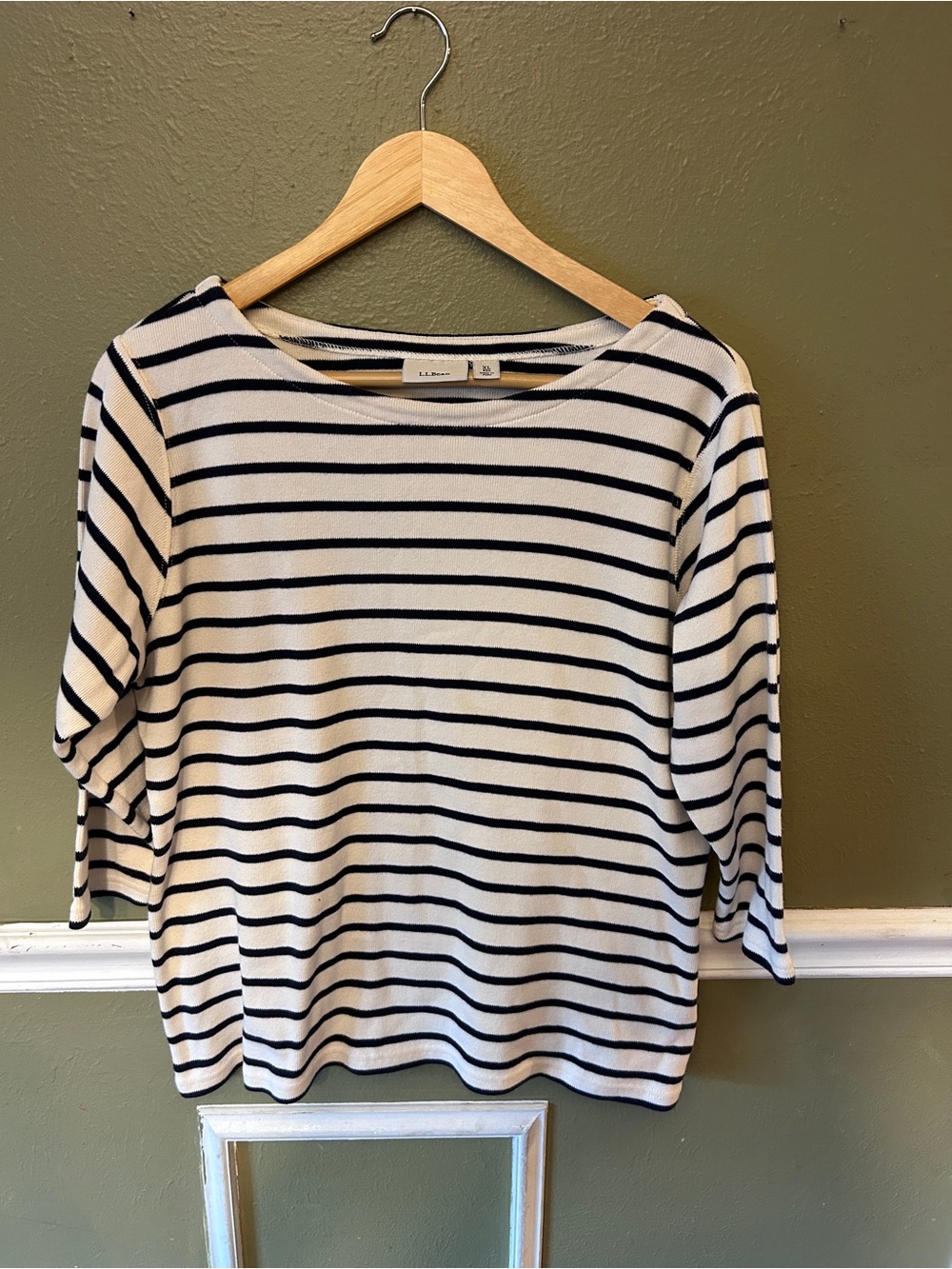 L.L. Bean Women's Navy & White Striped Boatneck Breton Style Nautical Top
